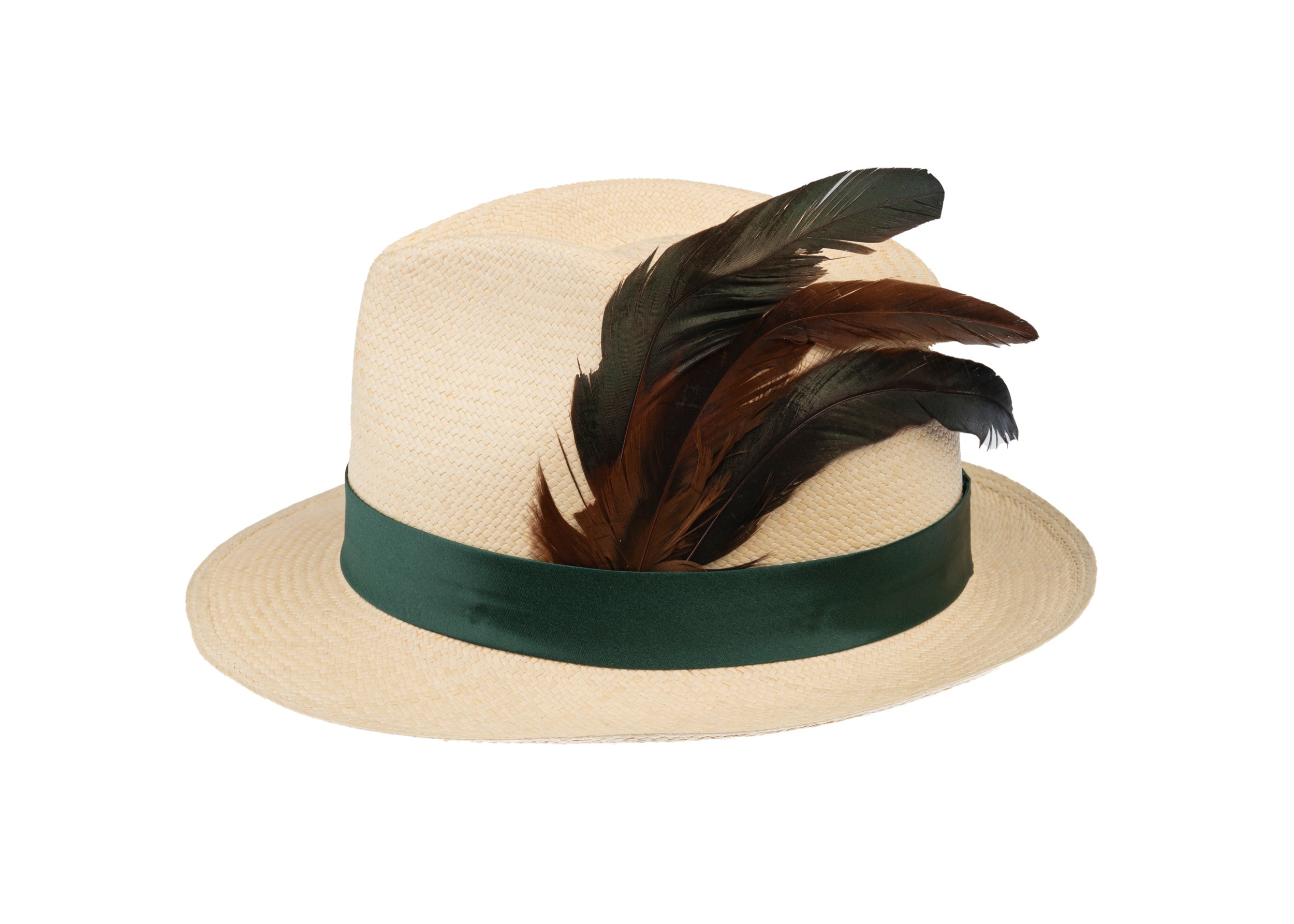 Trilby Panama (Semi-bleached) Green Band with Feathers