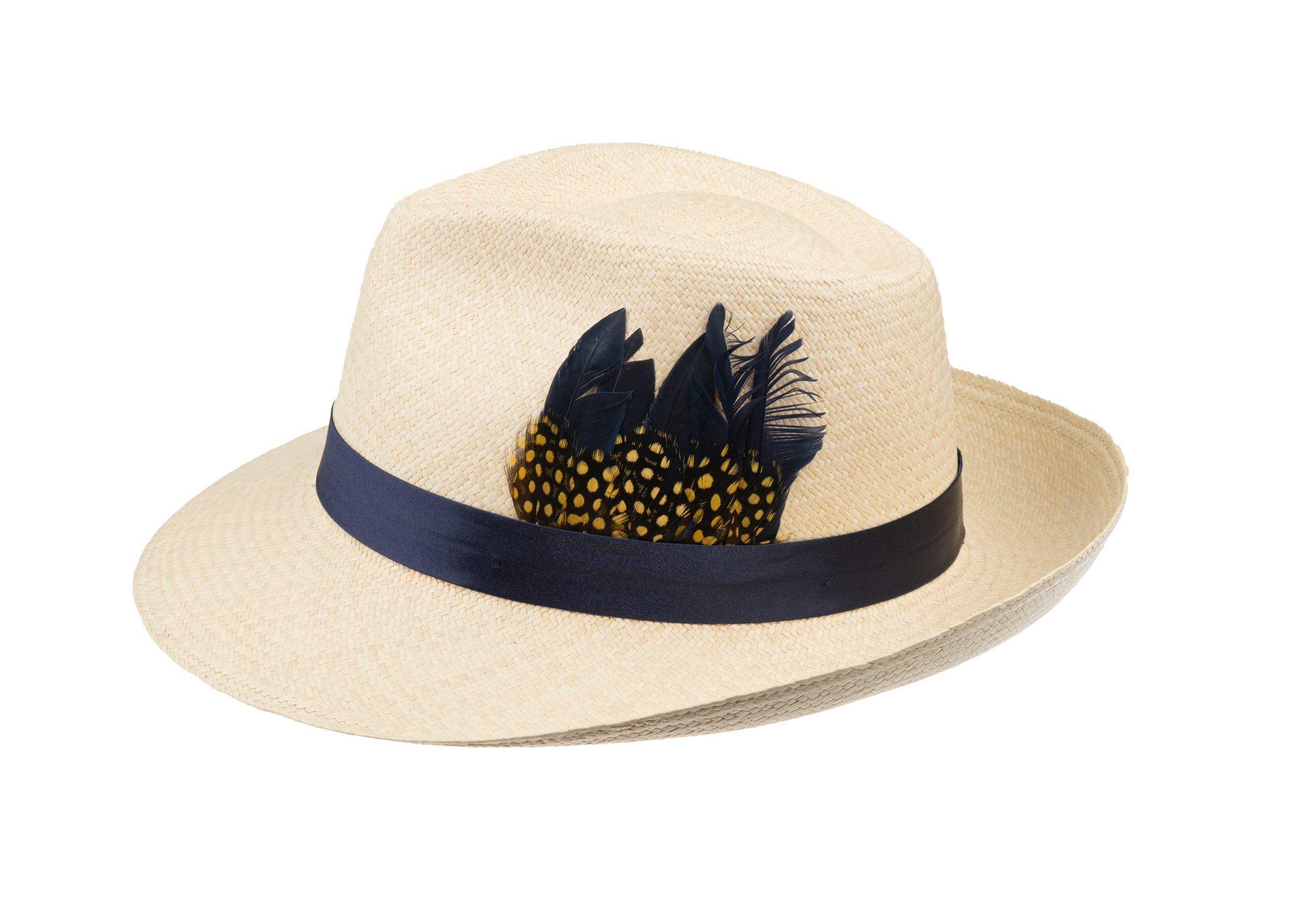 Trilby Panama (Semi-bleached) Navy Band with Speckled Feathers