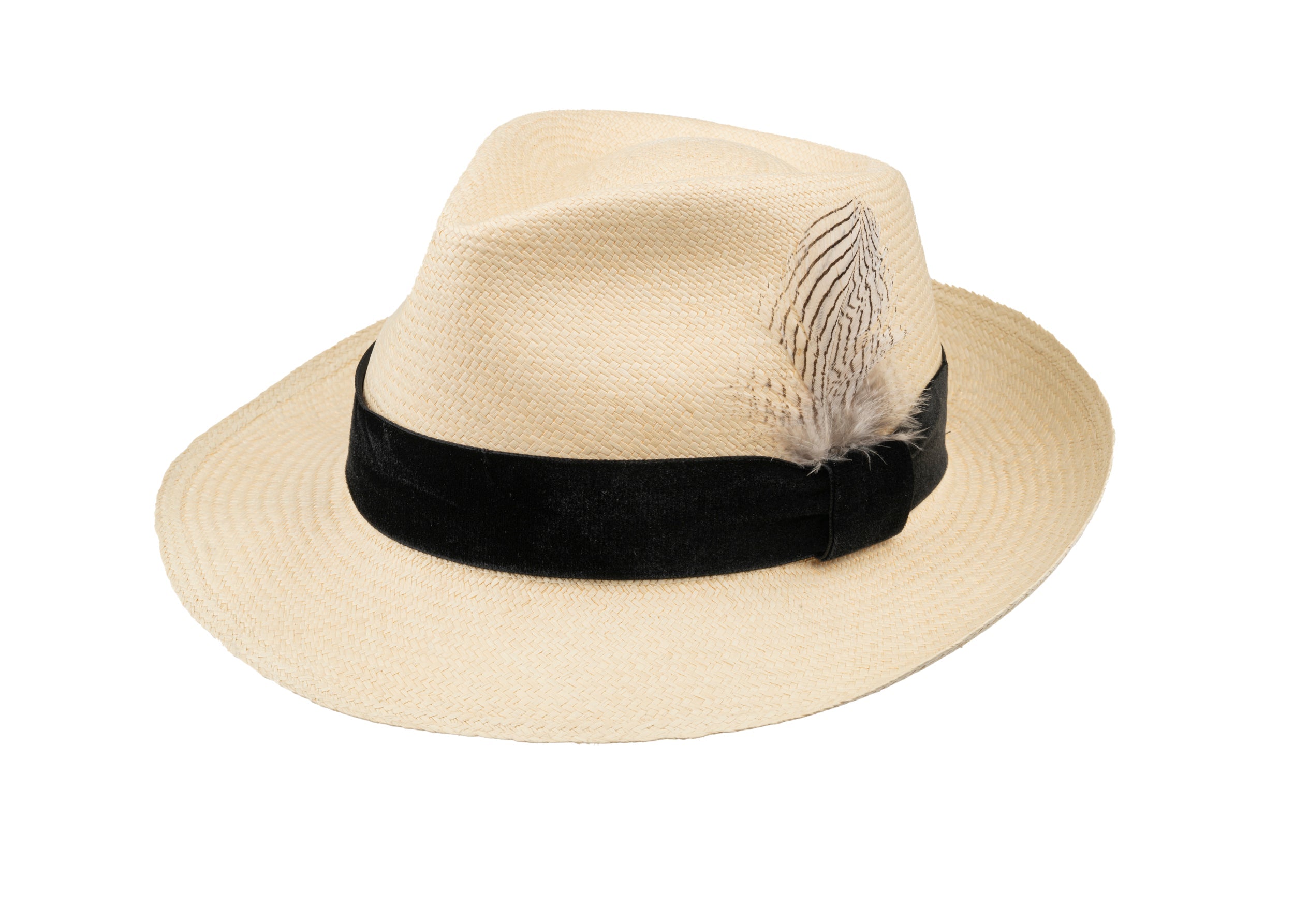 Trilby Panama (Semi-bleached) Black Velvet Band with Striped Feathers
