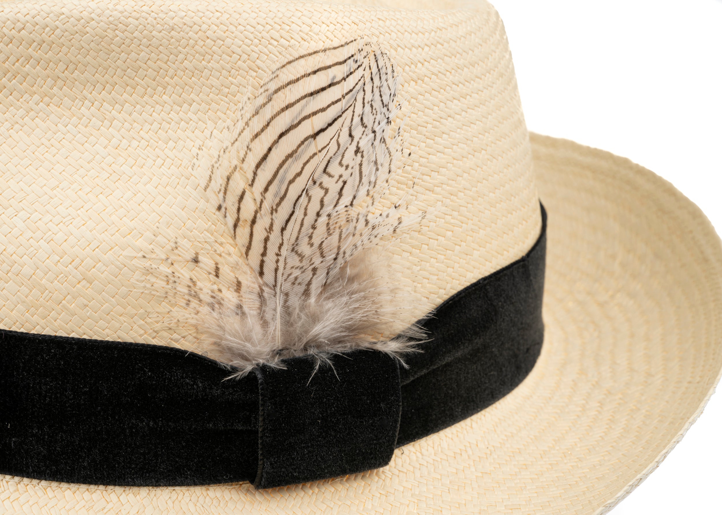 Trilby Panama (Semi-bleached) Black Velvet Band with Striped Feathers