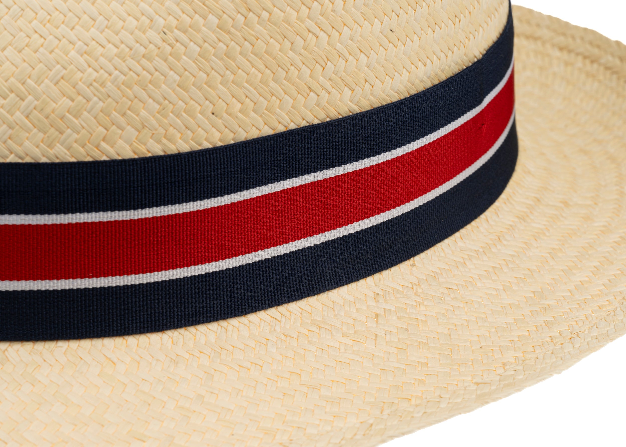 Trilby Panama (Semi-bleached) Red, White & Navy Striped Band