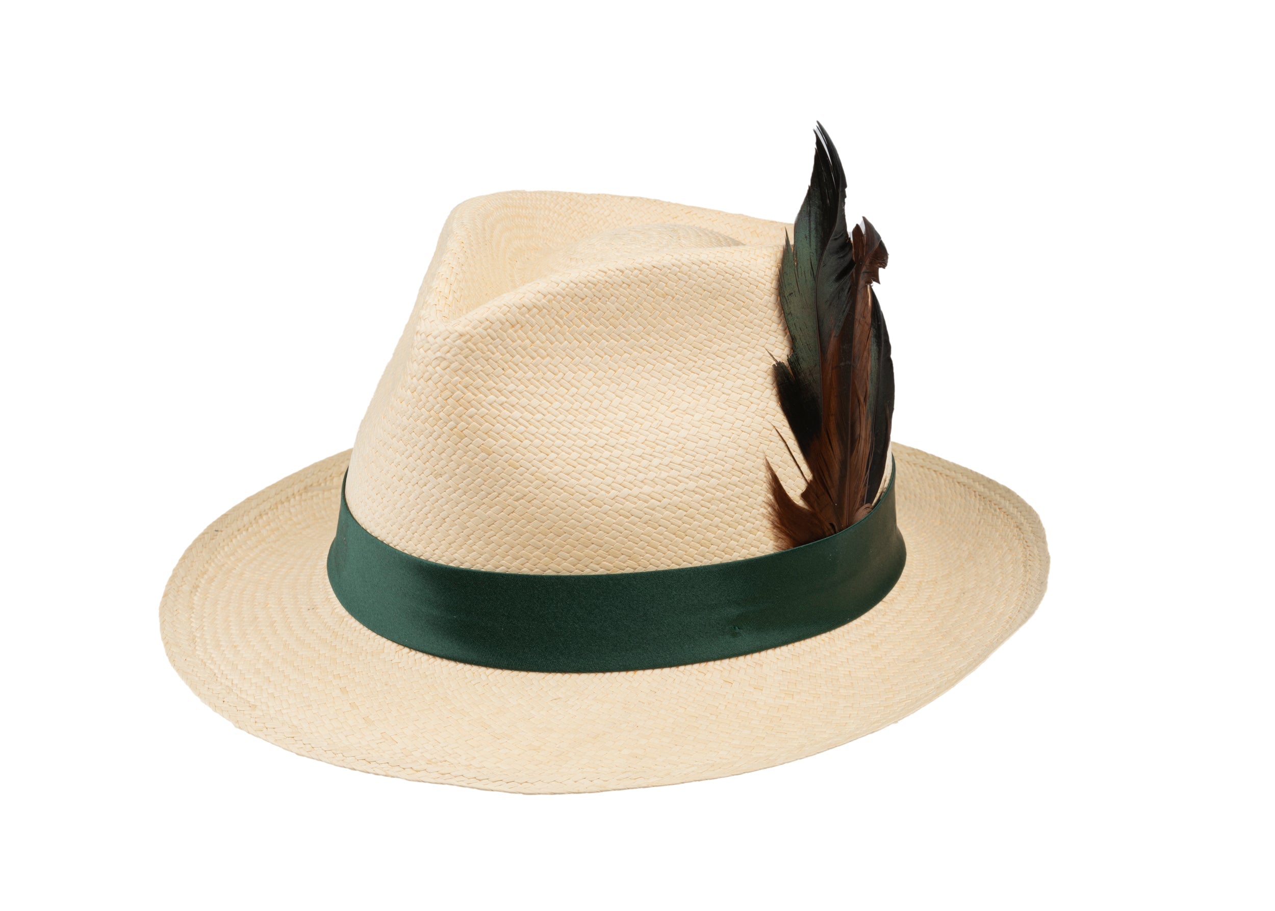 Trilby Panama (Semi-bleached) Green Band with Feathers