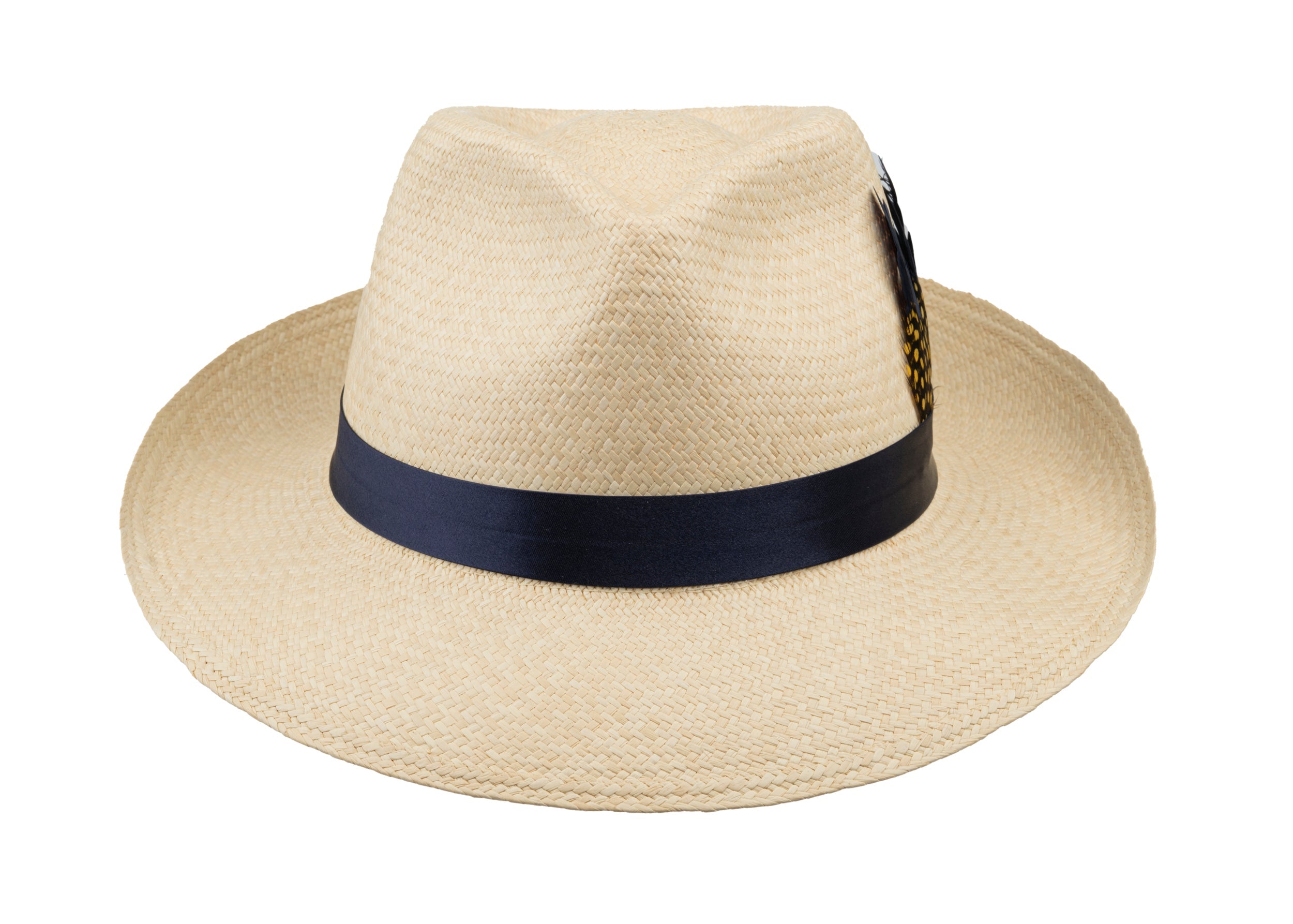 Trilby Panama (Semi-bleached) Navy Band with Speckled Feathers