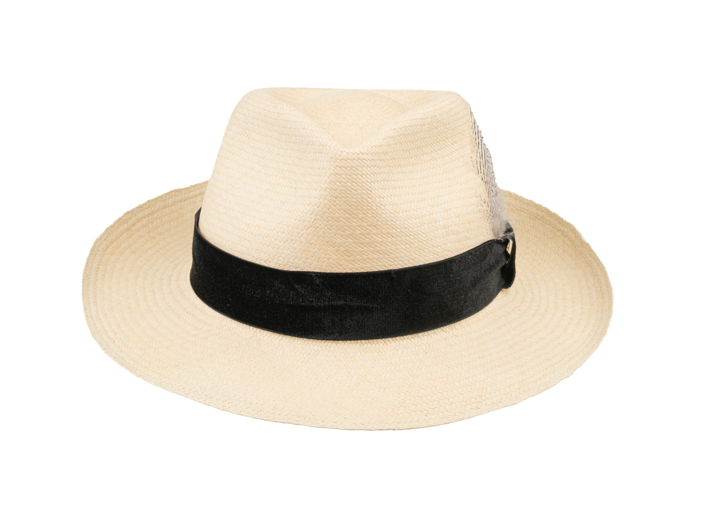 Trilby Panama (Semi-bleached) Black Velvet Band with Striped Feathers