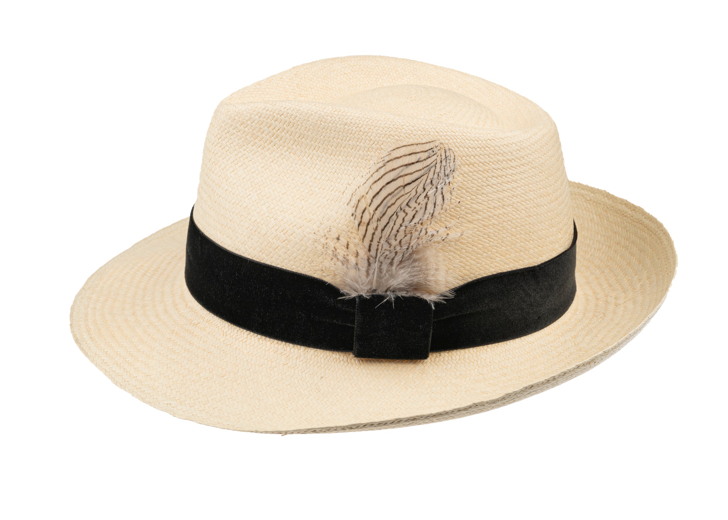 Trilby Panama (Semi-bleached) Black Velvet Band with Striped Feathers