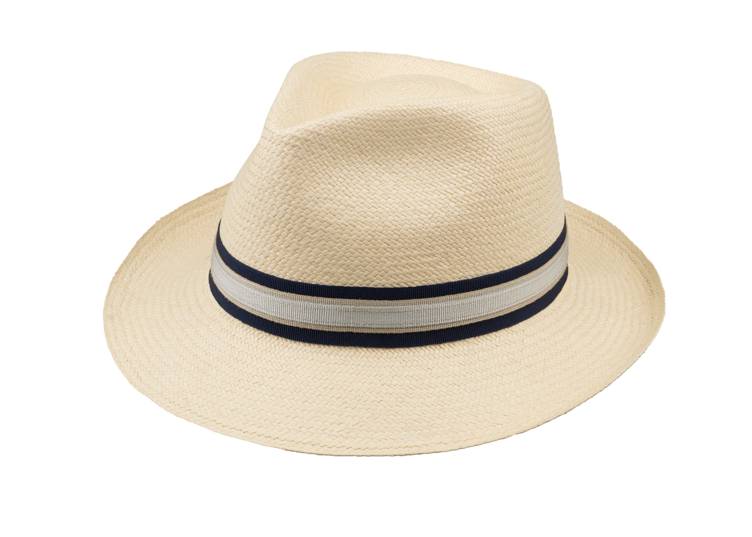 Trilby Panama (Semi-bleached) Navy, Beige & Silver Band
