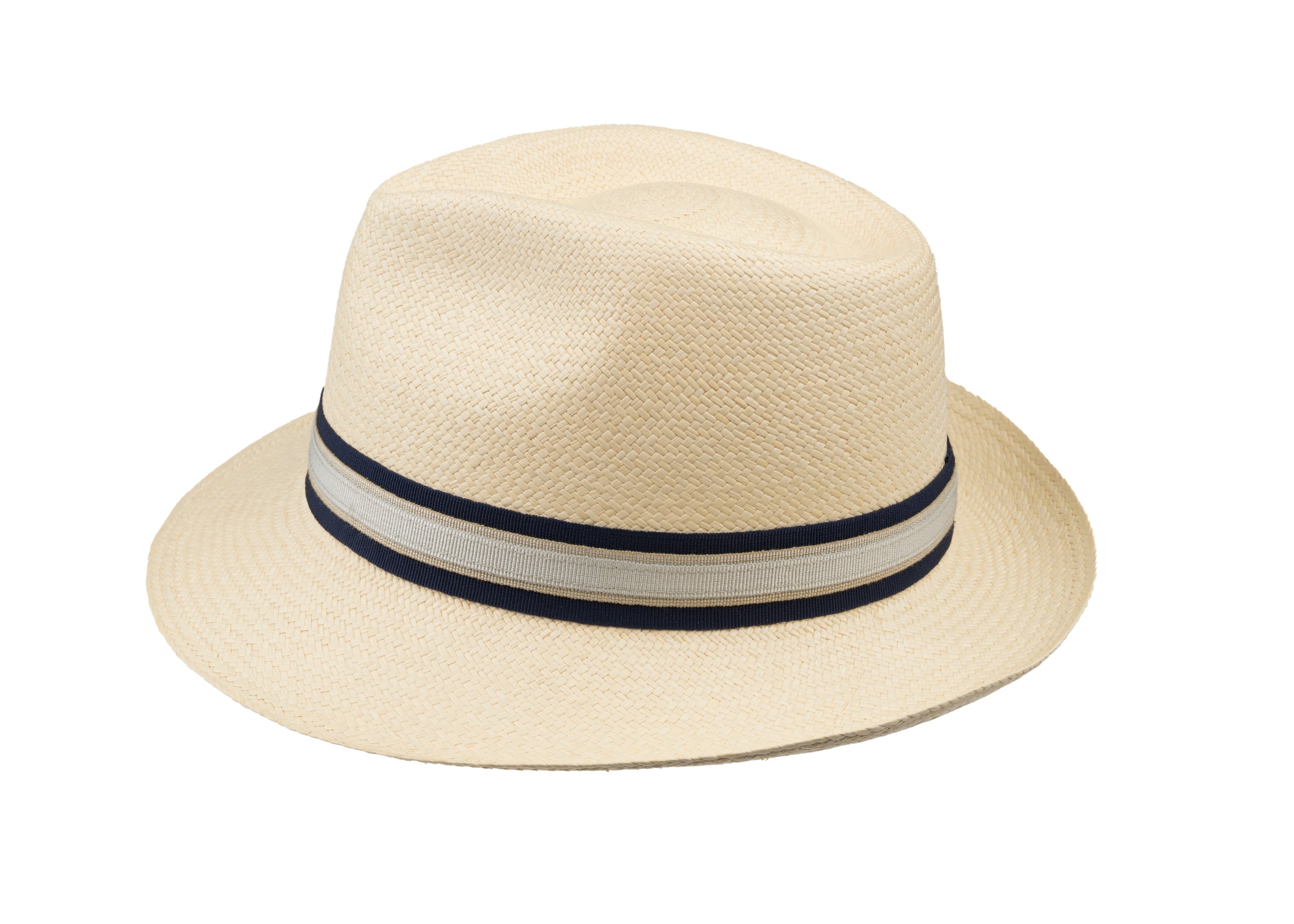 Trilby Panama (Semi-bleached) Navy, Beige & Silver Band