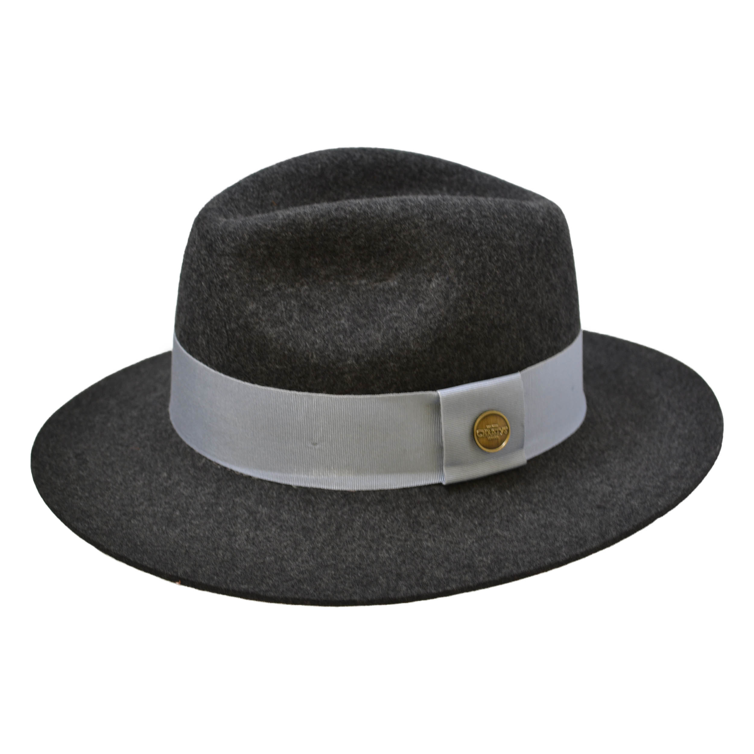 Wool Felt Fedora with Charcoal Grey crown and Opal outlets Grey brim trimmed with Turquoise ribbon - PERDIE